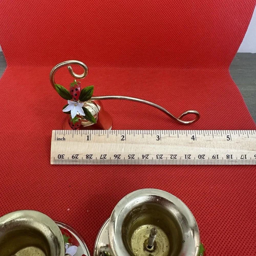 3 Piece Vintage George Good candle holders & snuffer Strawberry Enamel Gold Tone